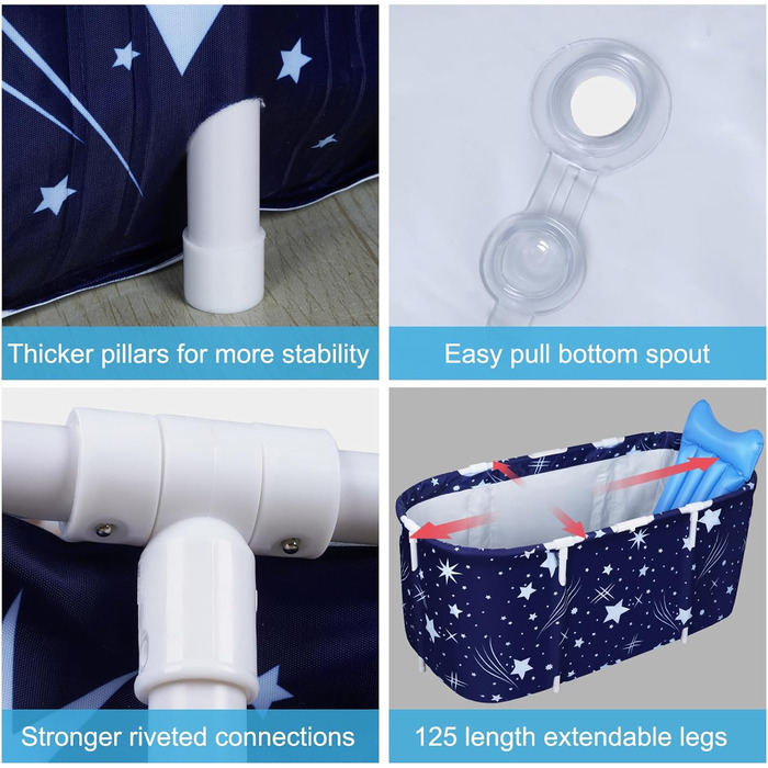 Foldable Bathtub for Adults, 132 x 68 x 47 cm, Steam Bucket for Sauna, Shower, and Ice Bath, Portable, Non-Inflatable (Blue) (Blue)