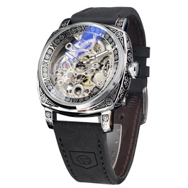 FORSINING Чоловічий годинник, квадратний ретро механічний з автопідзаводом, годинник з шестернями, золотий скелет, вінтажний, шкіряний ремінець, чорний