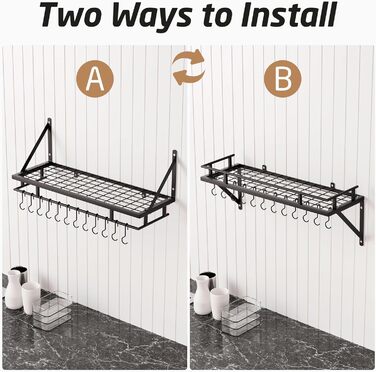Kitchen Utensil Holder, Pan Holder, Kitchen Shelf, Kitchen with 12 Hooks, Hanging Shelf, Spice, Pan Shelf, Wall Shelf, Kitchen Rail, 75CM Wall Mount, Matte Black, KUR215S75A-BK