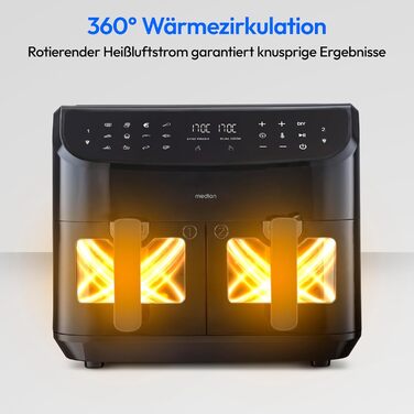 Аерофритюрниця MEDION P20 XXL, 8.7 л, 2600 Вт, подвійна камера, 9 програм, 2 кошики, чорна