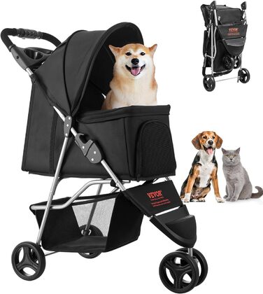 VEVOR 3-Wheel Pet Stroller - Dog & Cat Buggy, 16kg Capacity, Foldable with Cup Holders & Brakes