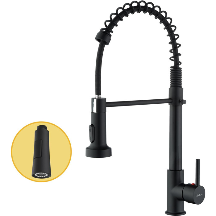 Чорний кухонний змішувач з витяжною лійкою, 360° поворот, 2 режими, нержавіюча сталь