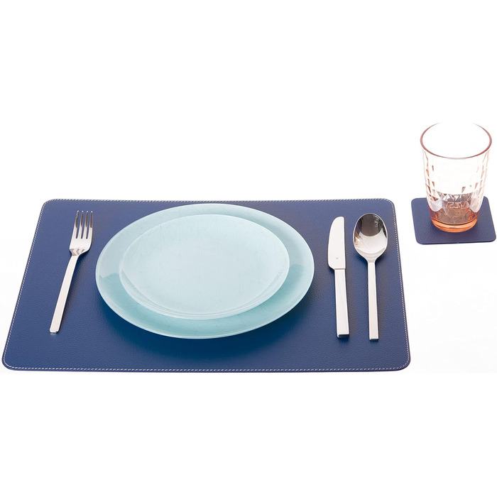 Placemats and Coasters (Set of 4) made from recycled leather, 4 placemats and 4 coasters, table mats, placemats 40 x 30 cm and coasters 10 x 10 cm (40 x 30 cm, Blue)