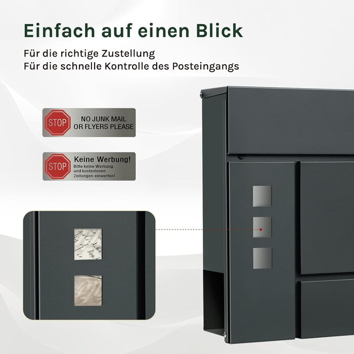 Поштова скринька WOLTU XXL з газетницею, оглядовим вікном, замком та 2 ключами, антрацит+жовтий (10,5x37x37 см)