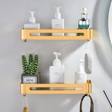 Shower Shelf No Drilling, Shower Rack Champagne Gold Bathroom Organizer with Hooks Wall Shelf for Bathroom Shower Basket, Bathroom Shelf for Toilet, Laundry Room and Shower Room, Aluminum Bathroom Shelf (2 Pack)