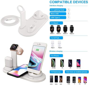 База для бездротової зарядки 6-в-1 з поворотним підсвічуванням для Apple, Micro, Type-C, Qi, iWatch, AirPods, iPhone, Samsung Galaxy (білий)