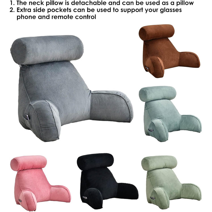 Велике спинне подушка з підлокітниками та підтримкою шиї. Подушка для читання, підтримки спини, для ліжка. Знімний, пральний чохол. 75x40x40 см (Сірий).