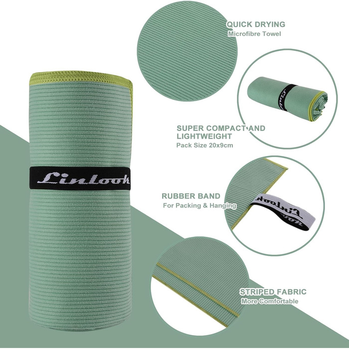 Рушник з мікрофібри Linlook, 180x80 см - великий, швидковисихаючий спортивний рушник для пляжу, подорожей, йоги, кемпінгу та фітнесу (зелений, 180x80 см)