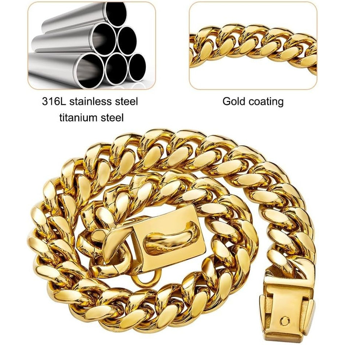 Нашийник для собак Кубинський стиль, нержавіюча сталь, ширина 14 мм, ланцюжок, довжина 26/31/36/41/46/51/56/61 см, золотий, для цуценят, собак маленьких та середніх порід