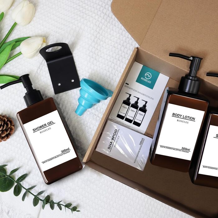 Набір з 3 дозатори мила Roselee для кріплення на стіну, 500 мл, без свердління, для душу, шампуню, гелю для ванни, з етикеткою, для ванної кімнати, кухні (Колір: Коричневий)