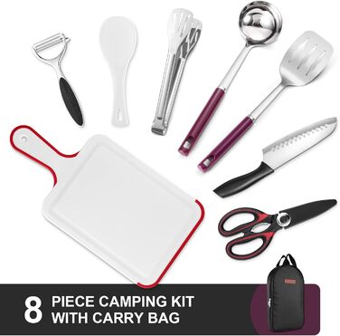 Odoland Kitchen Helper Set, Kitchen Gadget Set, Outdoor Cookware Set with Santoku Knife, Kitchen Scissors, Spatula, Tongs, Ladle, Cutting Boards - Ideal for Picnics, Travel, Hiking, and Gardening