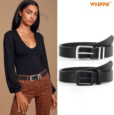 Ремінь шкіряний WHIPPY жіночий та чоловічий, срібна пряжка, для джинсів та штанів, чорний (M: 76-90 см, довжина 110 см)