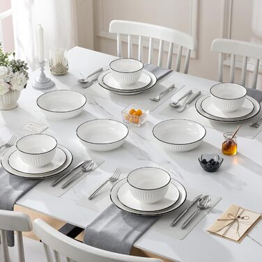 Набір посуду MALACASA LEILA для 6 осіб, 24 предмета: тарілки, миски, порцеляна, ручне рельєфне оформлення, підходить для мікрохвильової печі та посудомийної машини, білий з чорним контуром