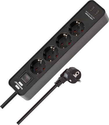 Брененштуль Ecolor Розподільник розеток на 4 розетки з USB-зарядкою (Чорний, з вимикачем, 1.5м кабель, 2x USB-C)