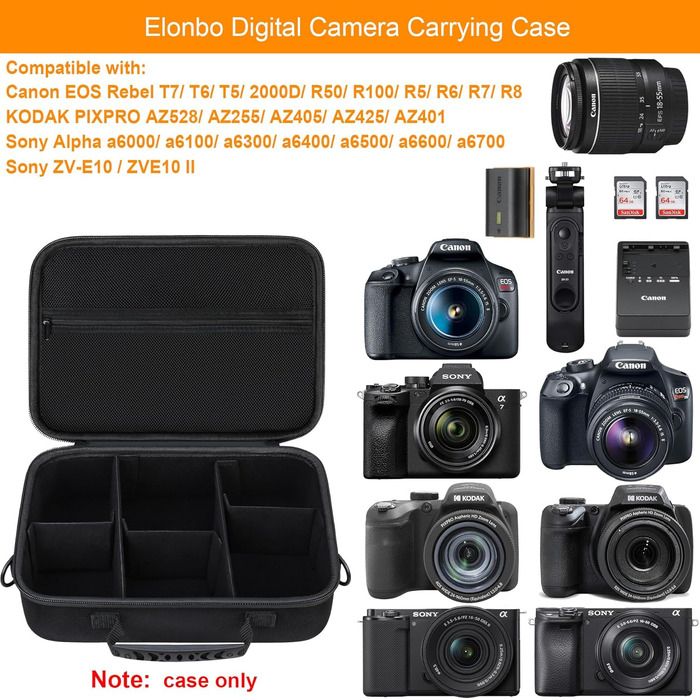 Сумка для фотоапарата Canon EOS 2000D/4000D/R50/R6 II/R100/R8/R10 та Sony Alpha 7 III/7 IV/a6400/ZV-E10/ZV-E10L – жорстка захисна сумка для камери, об'єктива та штатива, чорна