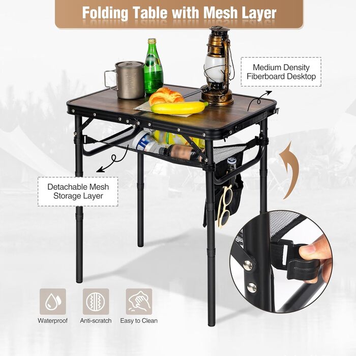 REDCAMP Складаний столик з регулюванням висоти, легкий портативний туристичний столик 60x40 см (4 положення) з сітчастою поверхнею, для дому та відпочинку на природі, балкона, ринку, кухні, темно-коричневий (під дереву, 60*40 см, 4 висоти)