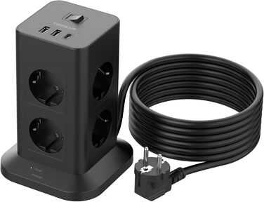 Блок розеток TESSAN із захистом від перенапруги 3600W 16A, 8 розеток + USB-C, подовжувач 2м, сірий, 1 USB-C (сірий&білий)