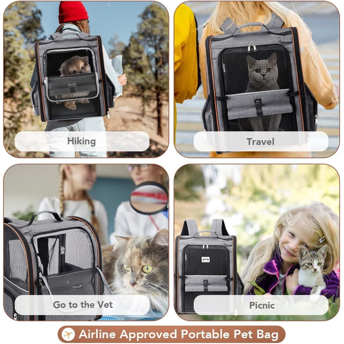 Рюкзак для кота Lekebobor, розкладний, переноска для домашніх тварин, для маленьких собак та середніх котів до 8 кг, складаний, для подорожей, піших прогулянок, в полоску, 12.6'L x 11.2'W x 16.5'H - L (середній, сірий)