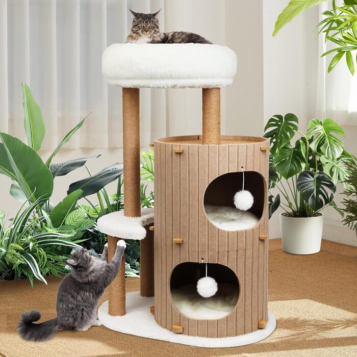 Котячий будиночок з подряпальником - великий, стійкий, з біо-льону, для котів до 25 кг (Бежевий)