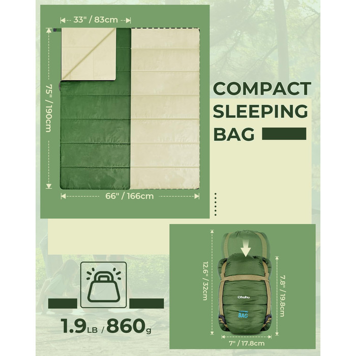 Ohuhu Lightweight Packable Sleeping Bag - Summer Camping Sleeping Bag for Travel, Festivals & Indoor Use (Green)