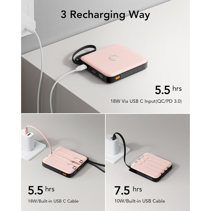 Power Bank VRURC 20000mAh з кабелем: компактний акумулятор для iPhone, Huawei, Samsung та інших пристроїв (рожевий)