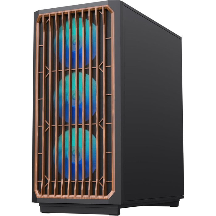 Корпус ПК GAMEMAX F45 Mid-Tower чорного кольору з дерев'яним декором, 4x ARGB PWM вентилятори, сумісний з BTF материнськими платами, скляна бічна панель, для геймінгу