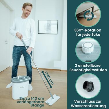 Набір для прибирання підлоги WONDERHOME TripleClean Hydro: відро з 3 камерами, розділення чистої і брудної води, моп із віджимом, класична модель з подовженою 140 см ручкою