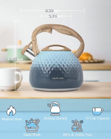 Чайник для заварювання чаю Teekessel 2,7 л з емальованим покриттям, зелений колір з імітацією дерева, з носиком-свистком, з нержавіючої сталі, антипригарне покриття, зручна ручка оливкового кольору з переходом у блакитний