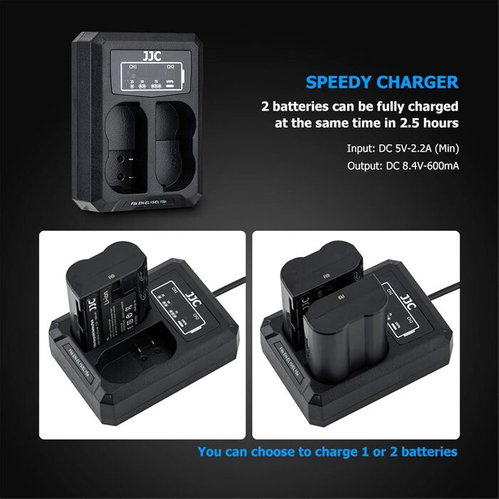 Зарядний пристрій Dual USB для камер Nikon Z7, Z6, D850, D810, D800, D750, D610, D600, D500, D7500, D7200, D7100, D7000 (сумісний з акумуляторами EN-EL15, EN-EL15a, EN-EL15b)