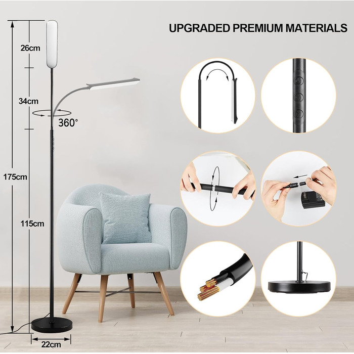 LED-стельова лампа Marctronic для вітальні, диммування, регулювання висоти, 18W, 1800LM, з пультом та сенсором, сучасний дизайн, для офісу, спальні (чорний)