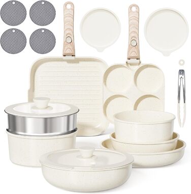 Набір каструль та сковорідок RIOVARM з знімними ручками: антипригарне покриття, кришки, сковорода для омлетів, гриль-сковорода, для всіх плит, стакельні каструлі