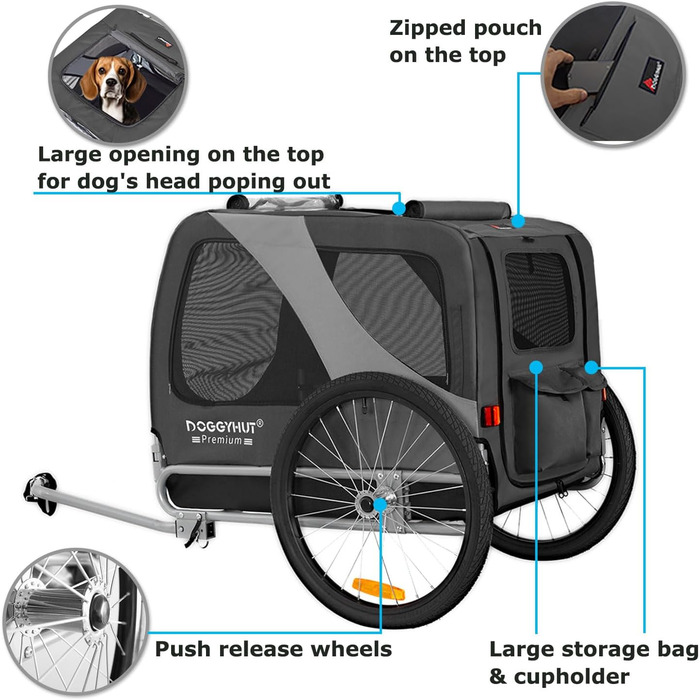 DOGGYHUT® Преміум великий велосипедний причіп для собак об'ємом 270 літрів, сірий (для середніх та великих собак)