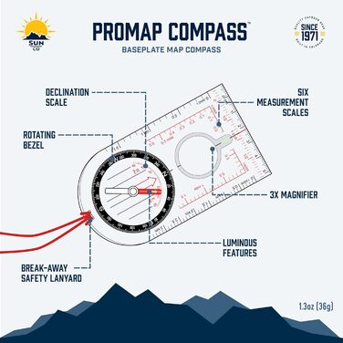 Sun Company ProMap Kompass – Ultralight baseplate compass with declination scale – Accurate orientation baseplate compass for hiking, backpacking, camping, and survival navigation