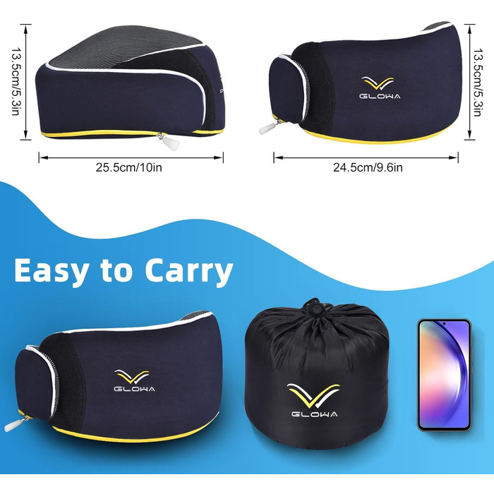 Подушка для шиї ComfoArray Glowa, для подорожей, авто та літака, 2023, широка регульована зона, покращена підтримка голови, темно-синій