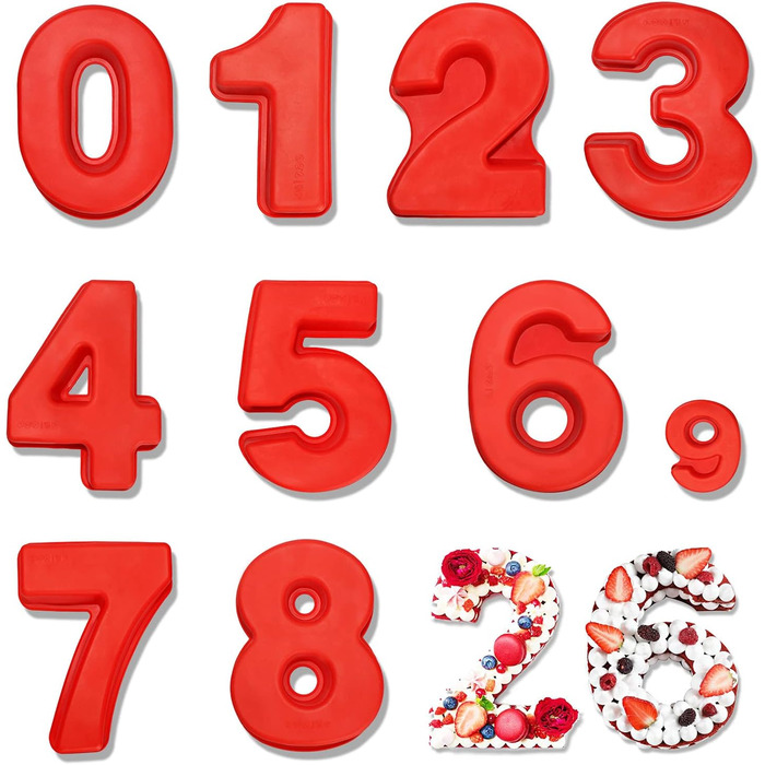 9-Piece 10-Inch Silicone Number Cake Mold Baking Pans, Number Cake Molds for Birthday, Wedding, Party Decoration