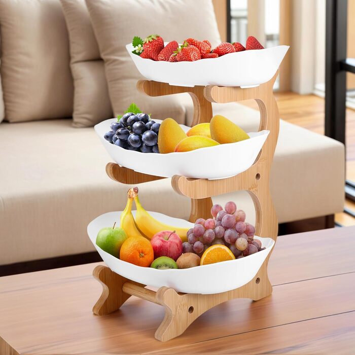 DEECOZY Трирівнева підставка для фруктів та овочів з бамбуком, біла. Організатор для зберігання фруктів, овочів та закусок