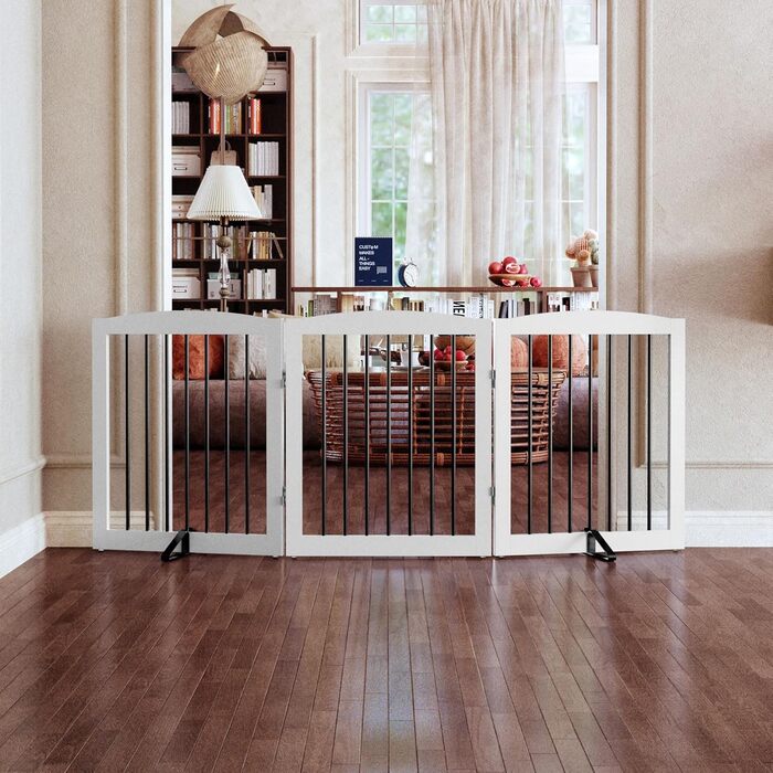 Захисний бар'єр для собак, сітка-перегородка для дому без свердління, металева та дерев'яна, складна, біла, 4 панелі