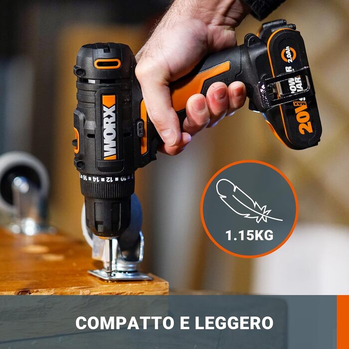 Акумуляторний дриль-шурупокрут WORX WX108 20V – універсальний інструмент для свердління та закручування, 20+1 момент затягування, 10 мм патрон, 2x2Ah акумулятори та зарядний пристрій