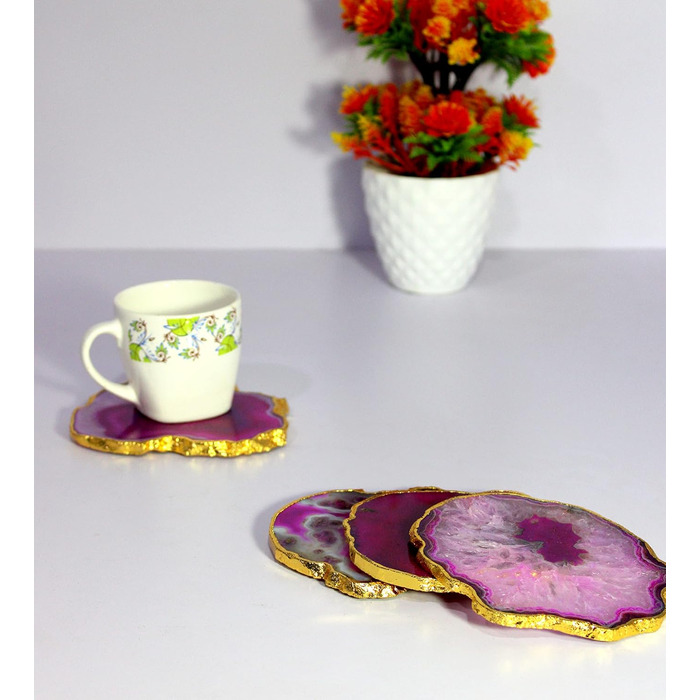 Natural agate coaster set, for bar, beer, coffee, tea, 4 pieces, perfect table accessory, tableware (Purple Agate)