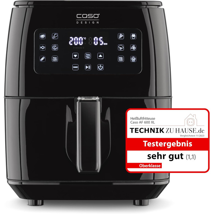 CASO AF 600 XL - large hot air fryer with a 6L basket volume, 12 automatic programs, sensor-touch control, timer from 1-60 minutes, removable basket (dishwasher-safe)