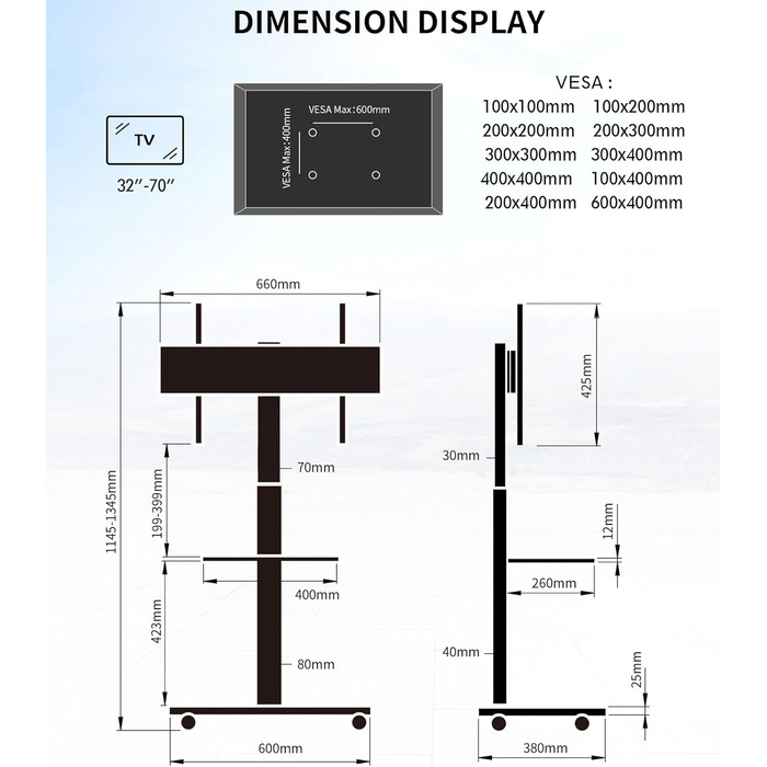 Підставка для телевізора Delphos Mobiler TV Stand - роликова, з дерев'яною основою, для телевізорів 32-70 дюймів, до 45 кг, регульована висота до 130 см, поворотна ±25°, VESA 600x400 (вишня)