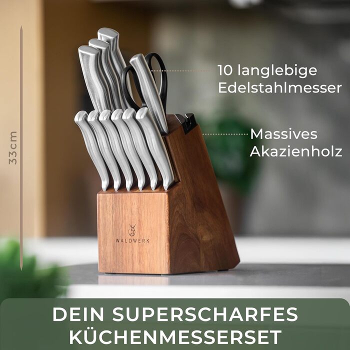 Waldwerk 7-Piece Knife Set with Block & Sharpener - Acacia Wood Block Set - Premium Kitchen Knife Set