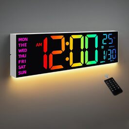 HAITANG Digital Wall Clock - 8 Colors Digital Clock 16.2' Large Digital Clock with Temperature, Date, Night Light, Automatic Brightness Adjustment, 24/12-Hour for Living Room Office Gym (White)