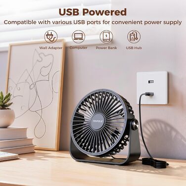 USB Настільний вентилятор TriPole: 3 швидкості, регульований, потужний, 360° обертання, кабель 1,5 м, чорний
