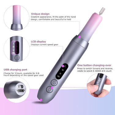 Електричний набір для манікюру та педикюру Nagelfräser: набір для шліфування, полірування та видалення гель-лаку, USB, 30000 об/хв, 3 швидкості, LCD-дисплей, сірий та рожевий