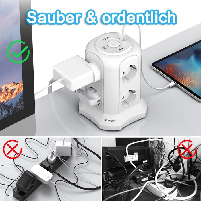 Многорозеткова смуга з USB, 8 розеток, з вимикачем, 4000W/16A, захист від перенапруги, білий кабель 2м