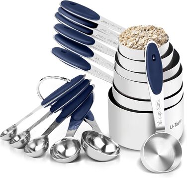 Набір мірних стаканів і ложок U-Taste з нержавіючої сталі 18/8, 12 шт, з посиленими ручками, американська система, колір: темно-синій
