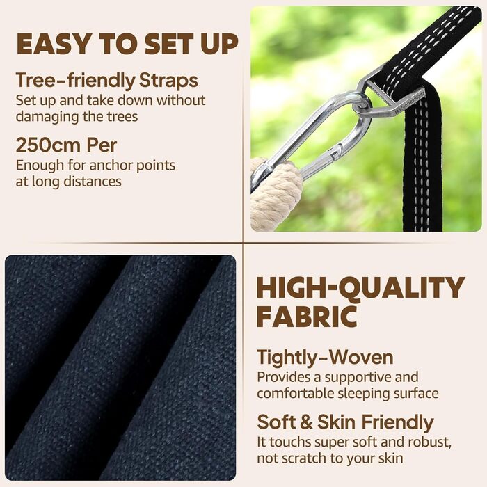 Chihee Hammock - Cotton, Large, Soft, Breathable Camping Hammock - Holds up to 300kg - Portable Tree Hammock with Detachable Spreader Bar, Head Pillow, 2 Strong Straps, 2 Carabiner Hooks (Dark Green)
