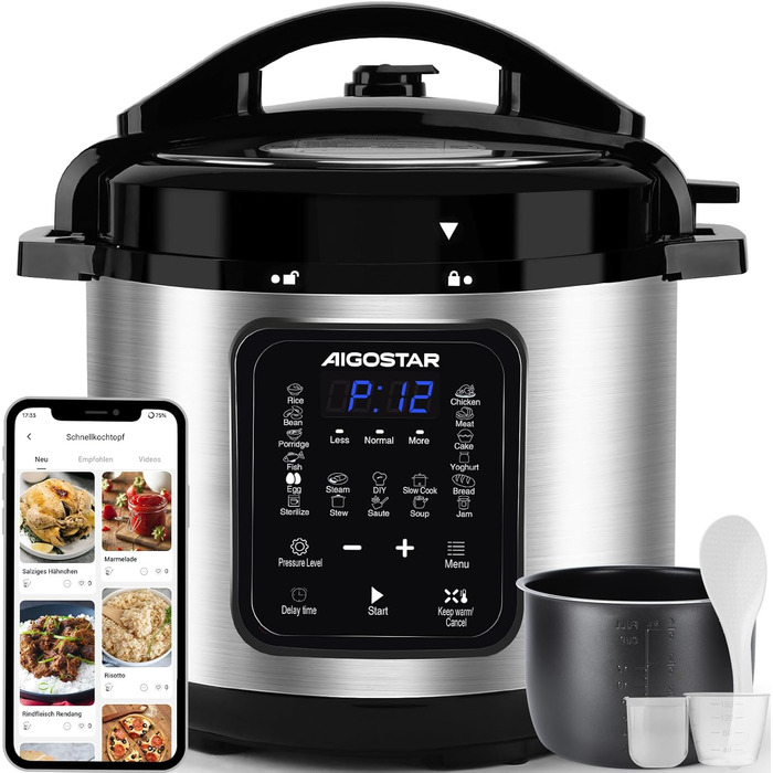 Мультиварка Aigostar 6л, 18-в-1: мультиварка, рисоварка, скороварка, йогуртниця, пароварка, підігрівач їжі, антипригарне покриття, 1000W
