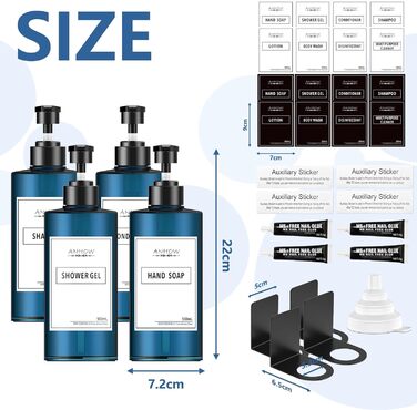 Набір дозаторів для мила на стіну 4er, блакитний (500 мл) - без свердління, з наліпками для душу/кухні/ванної кімнати